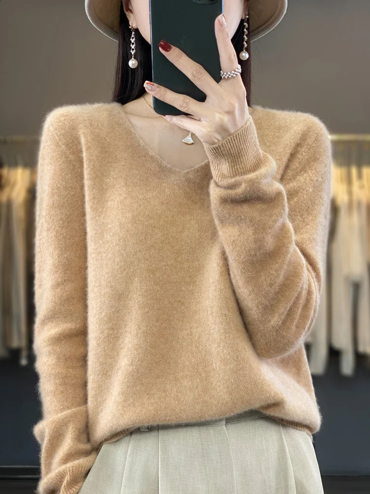 Fashion Women Cashmere Sweater 100% Merin Wool Pullover V-neck Casual Knitwear Long Sleeve Autumn Winter Basic Clothing Tops 240822