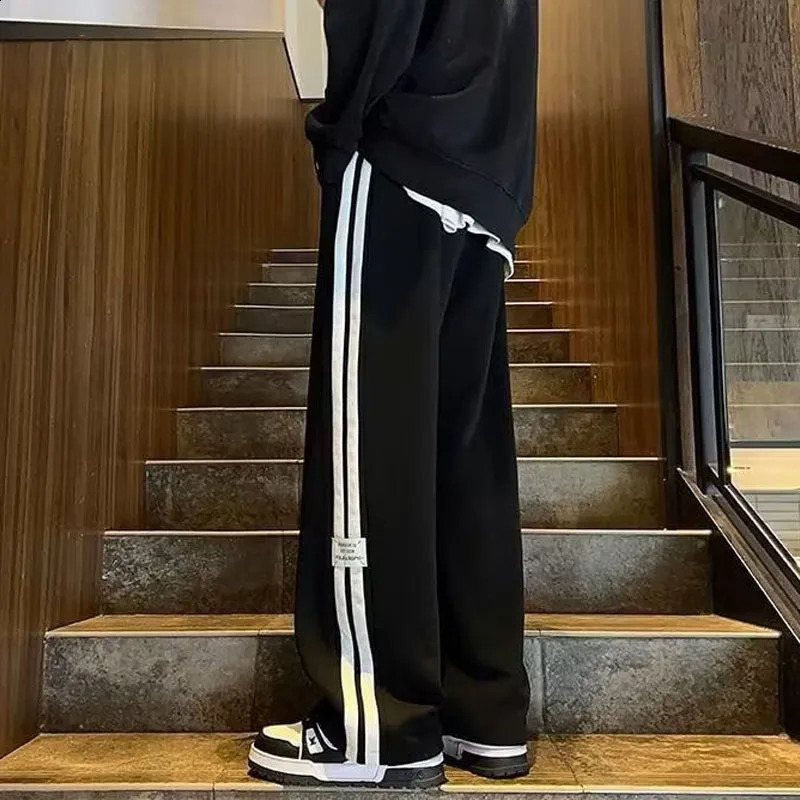 summer simple tall long striped pants mens summer draping large size sweatpants loose wide leg casual pants 240822