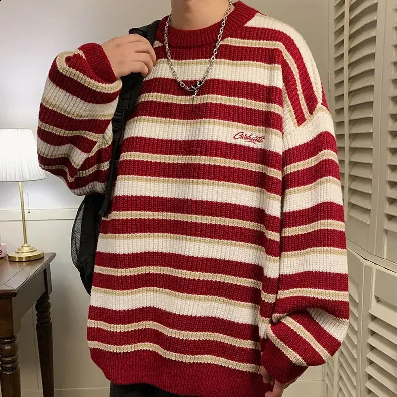 Lazy Retro Striped Sweater Men Women Autumn Winter Thick Knit Casual Embroidered Knit Pullover Sweater Jacket Couple 240821