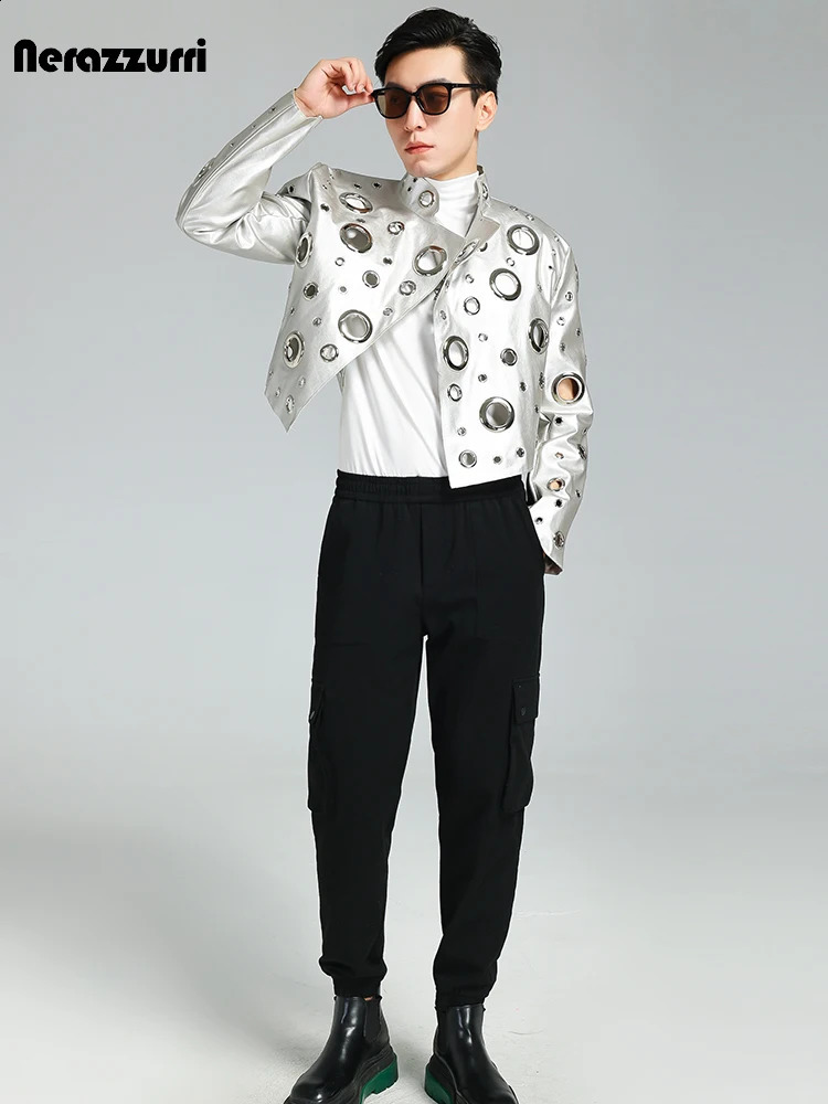 Nerazzurri Spring Autumn Cool Handsome Short Hollow Out Pu Leather Jacket Men with Holes er Unisex Y2K Streetwear 240809