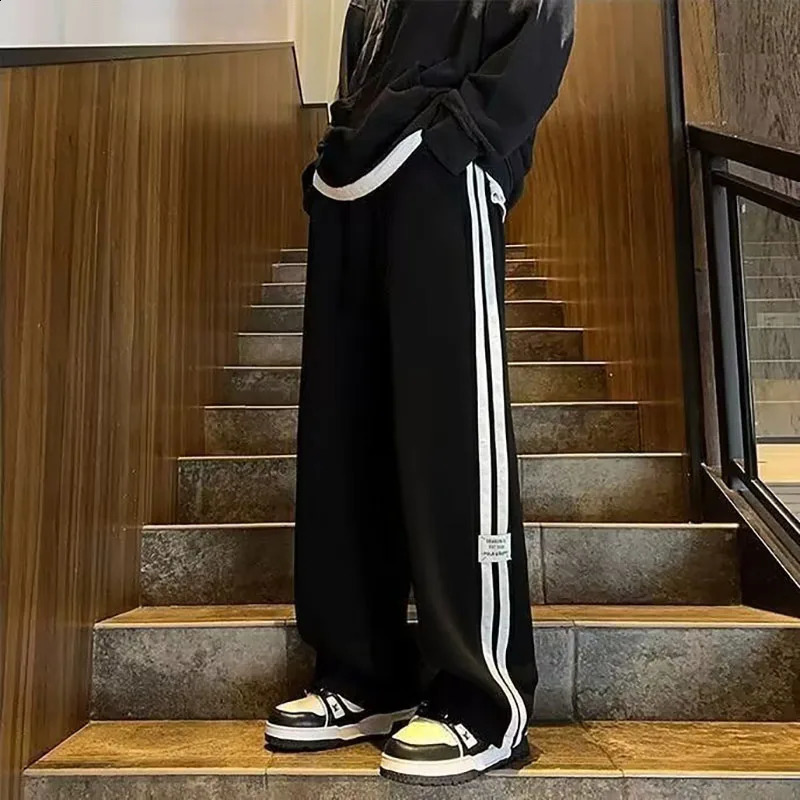 summer simple tall long striped pants mens summer draping large size sweatpants loose wide leg casual pants 240822