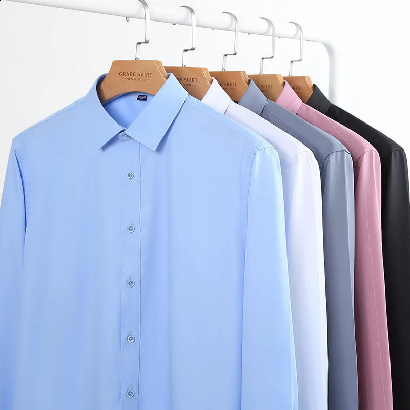 Mens Bamboo Fiber Dress Shirt Long Sleeve Fashion Plaid Stripe Comfort Soft Anti-wrinkle Stretch Slim Fit Business Man Clothes 240822