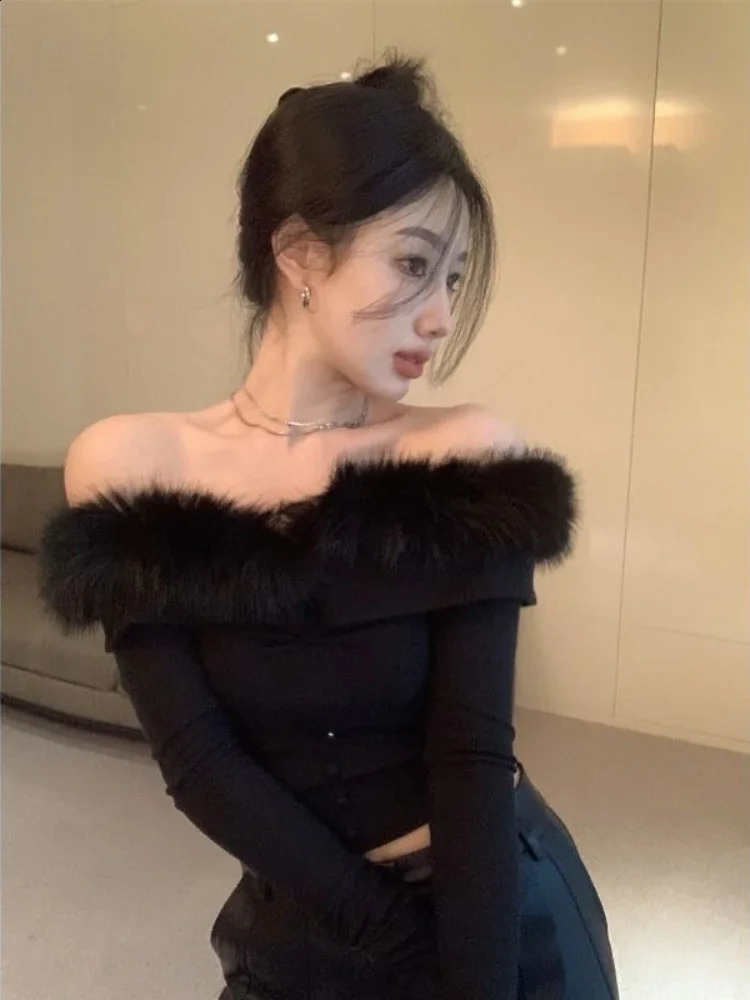 Deeptown Y2K Aesthetic Sexy Off Shoulder T Shirts Women Elegant Slim Crop Tops Korean Youthful Spliced Fur Collar Tees Fairycore 240821