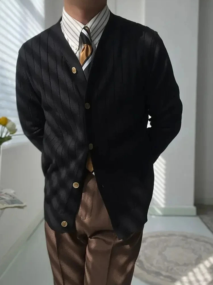 Mens Clothing Solid Color Knit Sweater Male Blue V Neck Plain Slim Fit Business Cardigan Japanese Retro in Winter Wool 240821