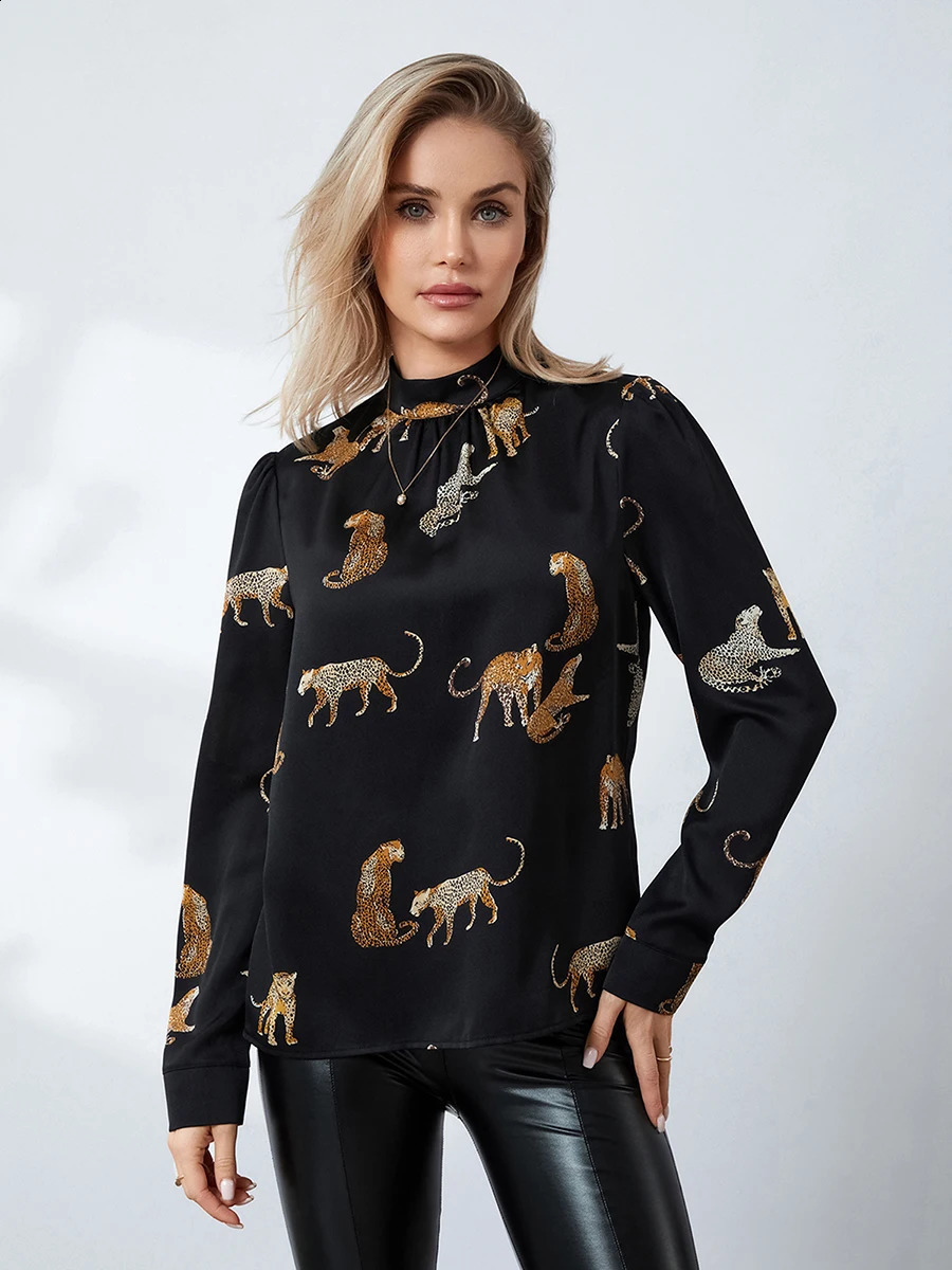 Wsevypp womens spring and autumn top retro leopard print long sleeved plain collar floral OL business basic shirt 240822