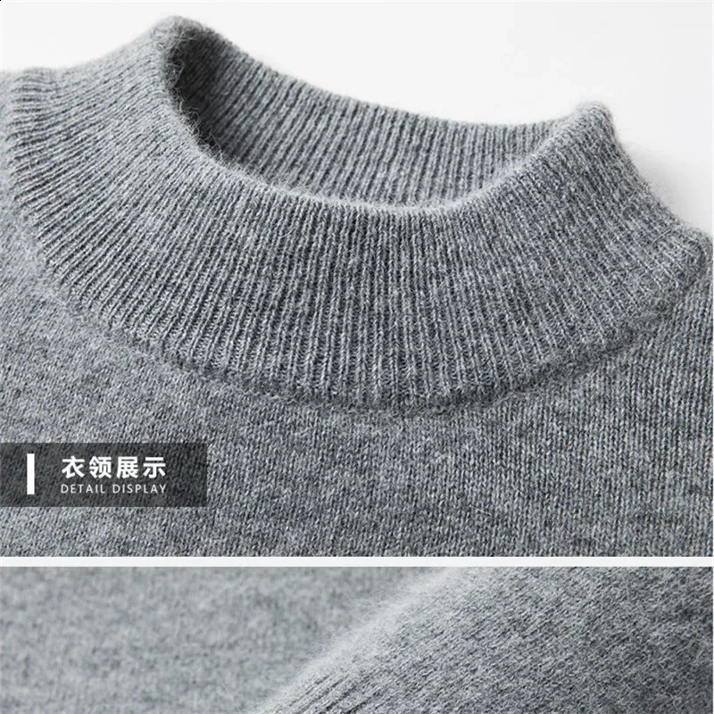 Mens Mock Neck 100% Pure Woolen Sweaters Autumn Winter Warm Cashmere Sweater Solid Knitted Pullovers for Men Slim Knitwear Tops 240821