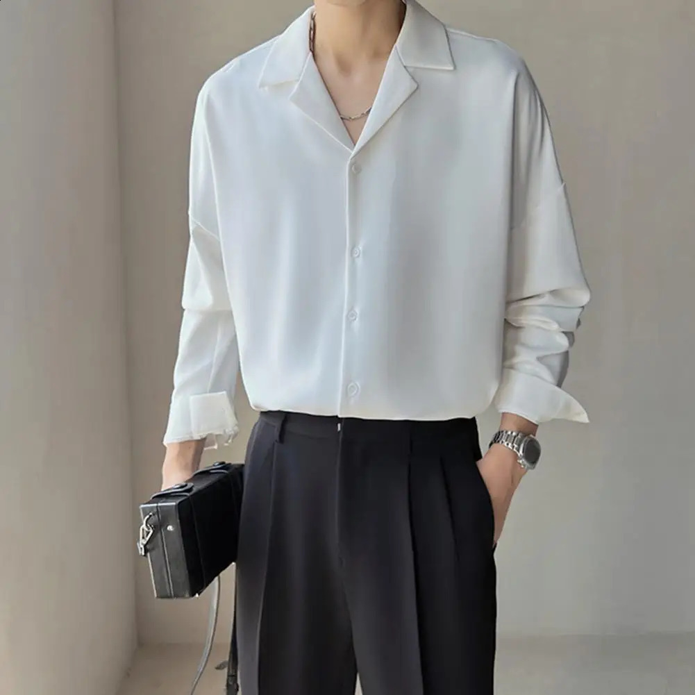Men Loose Fit Shirt Men Business Shirt Mens Loose Fit V Neck Business Shirt with Long Sleeves Solid Color Formal for Spring 240822