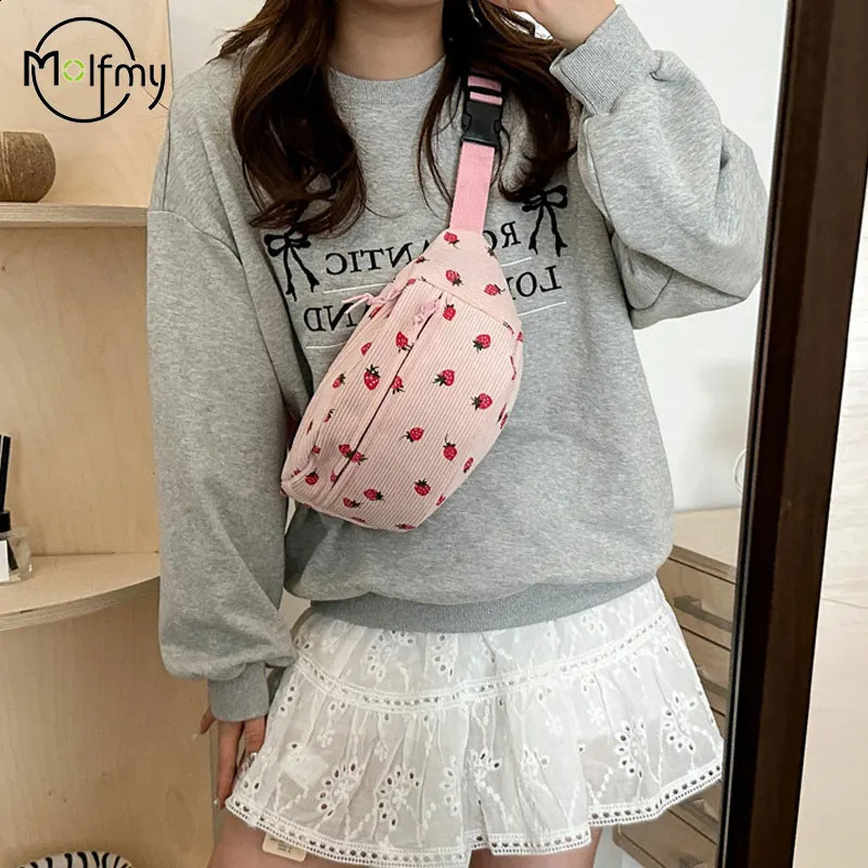 Waist Bag Women Men Corduroy Fanny Pack Strawberries Pocket Fashion Chest Handbag Sports Travel Purse Plaid WaistPack Belly Bags 241227