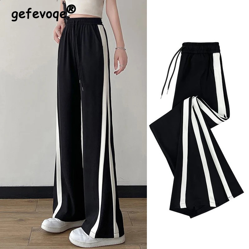 Side Stripe Sweatpants Y2k Women Summer Korean Style High Waist Streetwear Harajuku Straight Wide Leg Pants Casual Trousers 240821