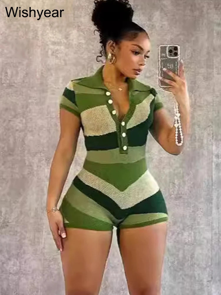 Elegant Knitted Patchwork Bodycon One Piece Rompers Women Lapel Short Sleeve Green Playsuits Sexy Night Club Birthday Overalls 240822