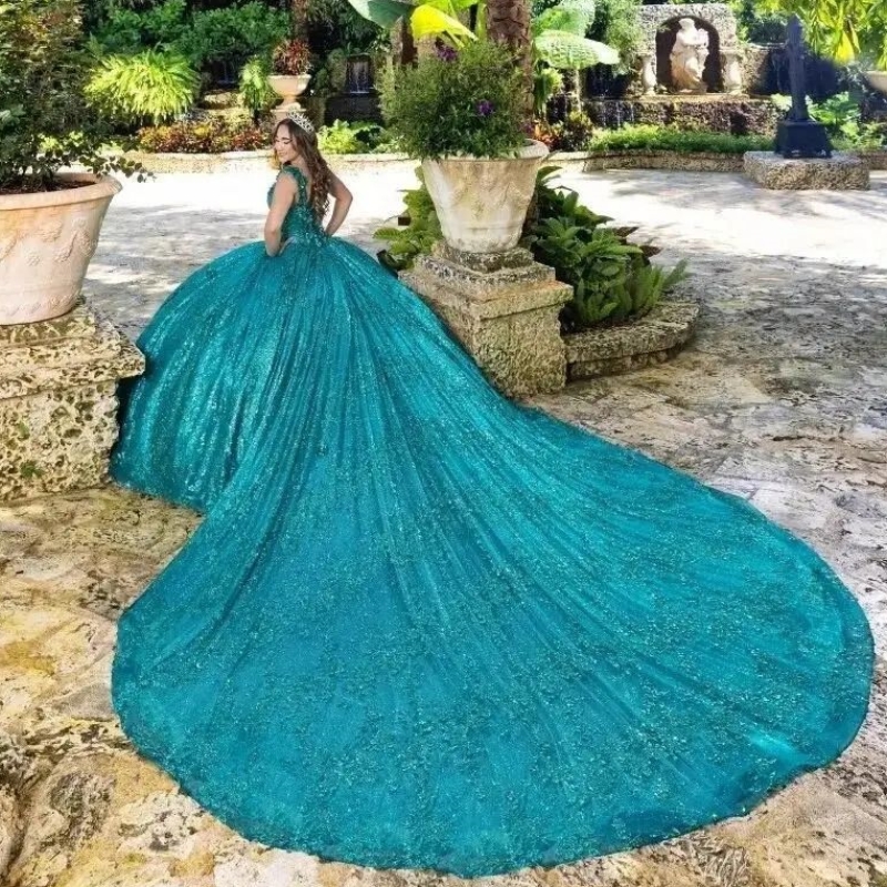 Emerald Green Shiny Quinceanera Dresses Princess Ball Gown Sweet 16 Dress Off The Shoulder 3D Floral Sequin Appliques Lace Vestido De 15 Anos