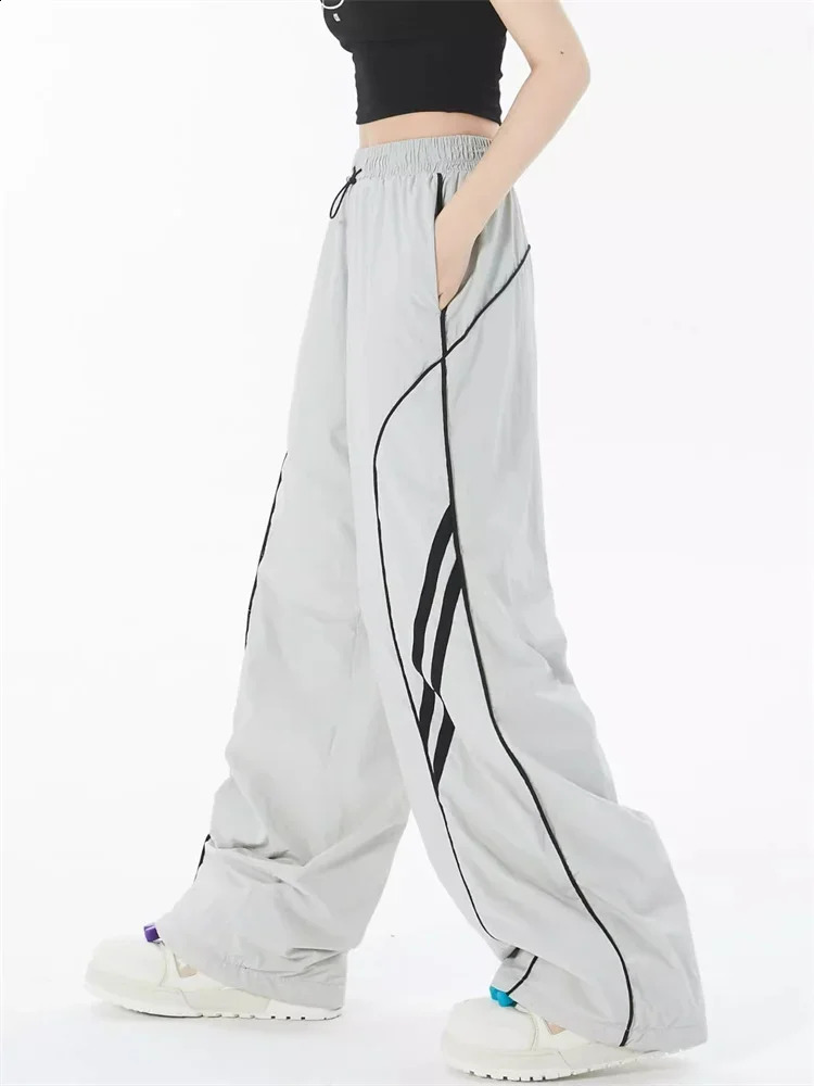 QWEEK Harajuku Egirl Gray Track Pants Women Y2K Vintage Striped Sweatpants Oversized Streetwear Hippie Wide Leg Black Joggers 240821