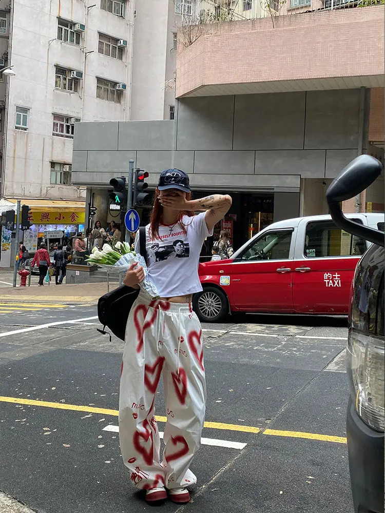 QWEEK Y2K Love Graffiti Print Cargo Pants Women High Street Hip Hop Trousers Women Pants Casual Wide Leg Floor Trousers 240821