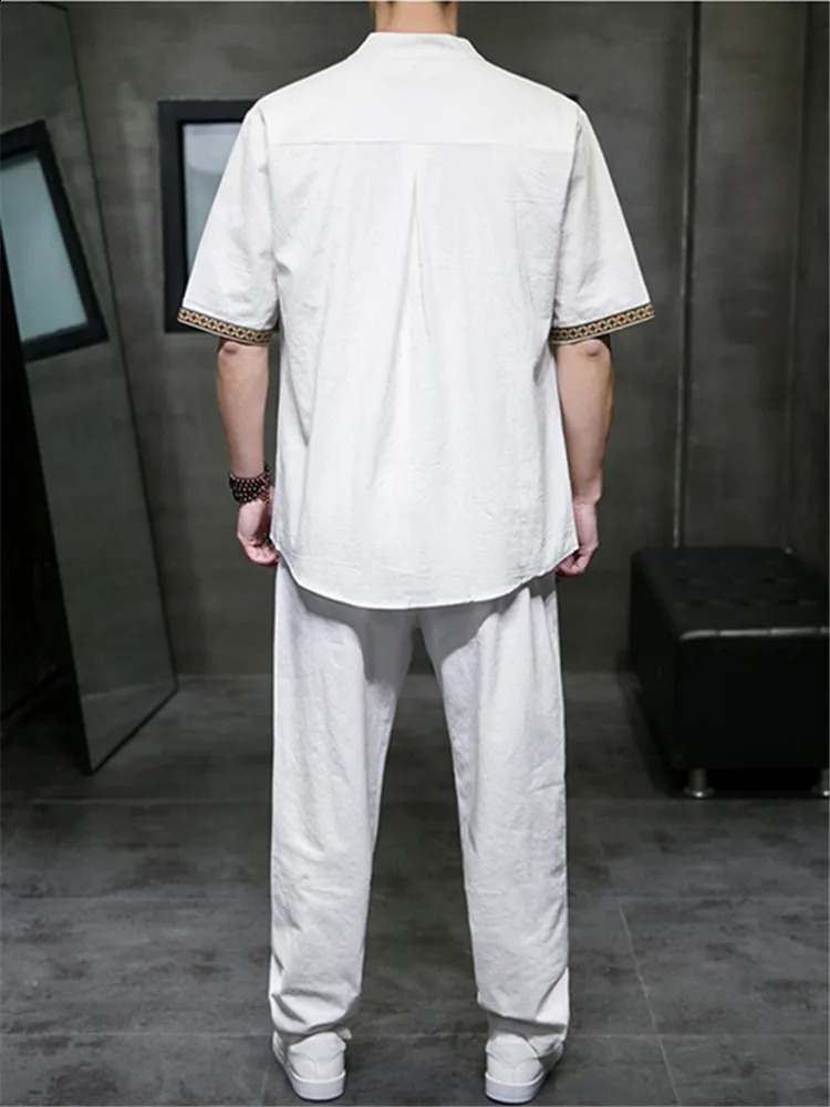 2 Pieces Summer Cotton Sets Men Chinese Style Solid Color Casual Tracksuit Streetwear Mens Short ShirtsLong Pants Plus Size 5XL 240821