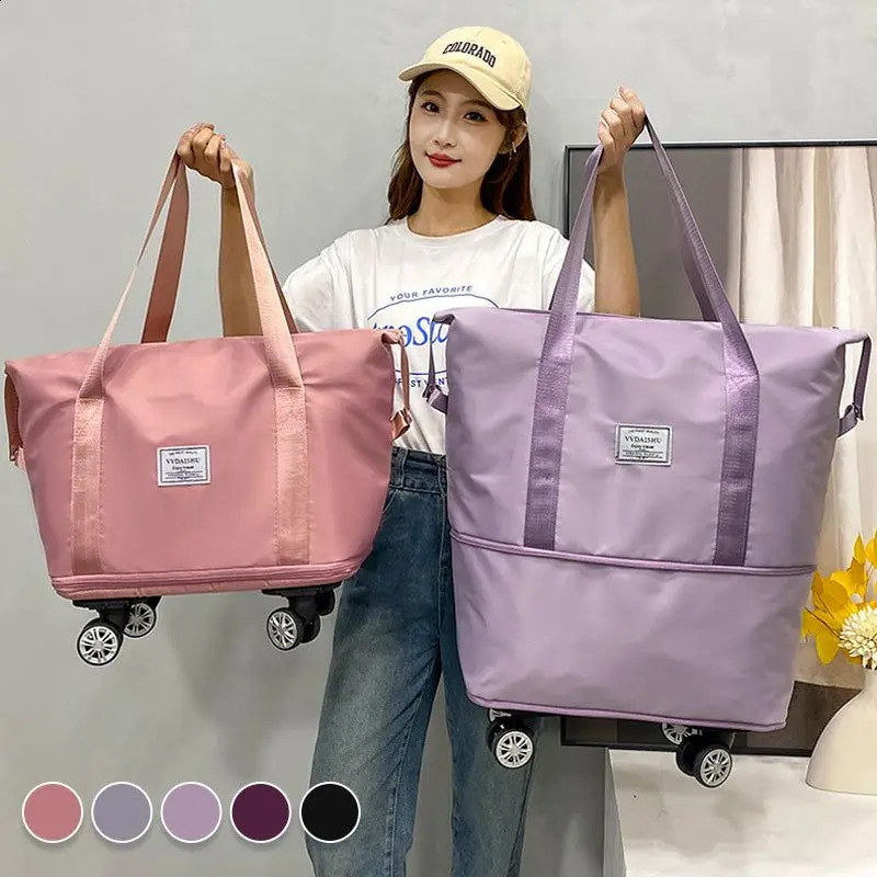 Foldable storage bag with wheels expandable portable luggage bag outdoor travel rolling bag large capacity womens shopping bag 240821