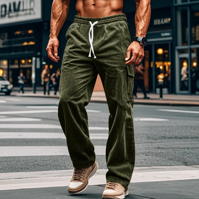 Men Vintage Solid Color Drawstring Stitch Pockets Trousers Male 2024 Sweatpants Streetwear Autumn Loose Corduroy Cargo Pants 240821