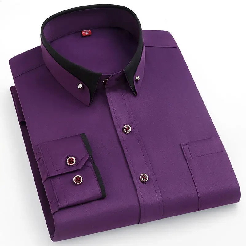Mens Shirt Spring Autumn Long Sleeve Elastic Wrinkle Proof Business Office Shirt Classic Solid Dark Green Purple Black White 240822