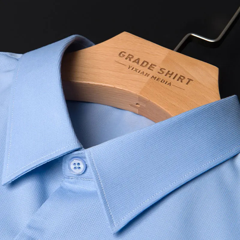Bamboo fiber mens long sleeve shirt pocket-free solid color anti-wrinkle all-in-one business casual breathable wear free 240822