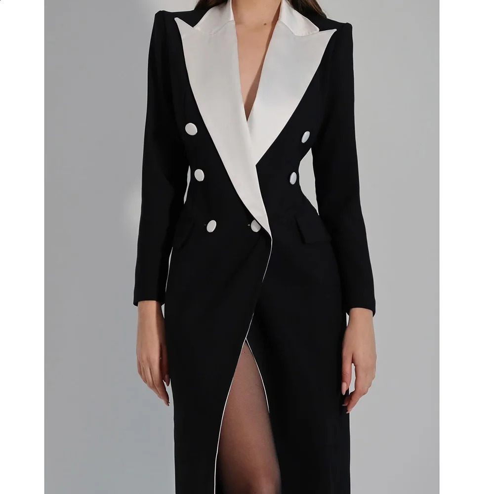 Formal Black Double Breasted Women Blazer White Lapel Long Suits Elegant Female Jacket 1 Piece Business Costume Clothing 240821