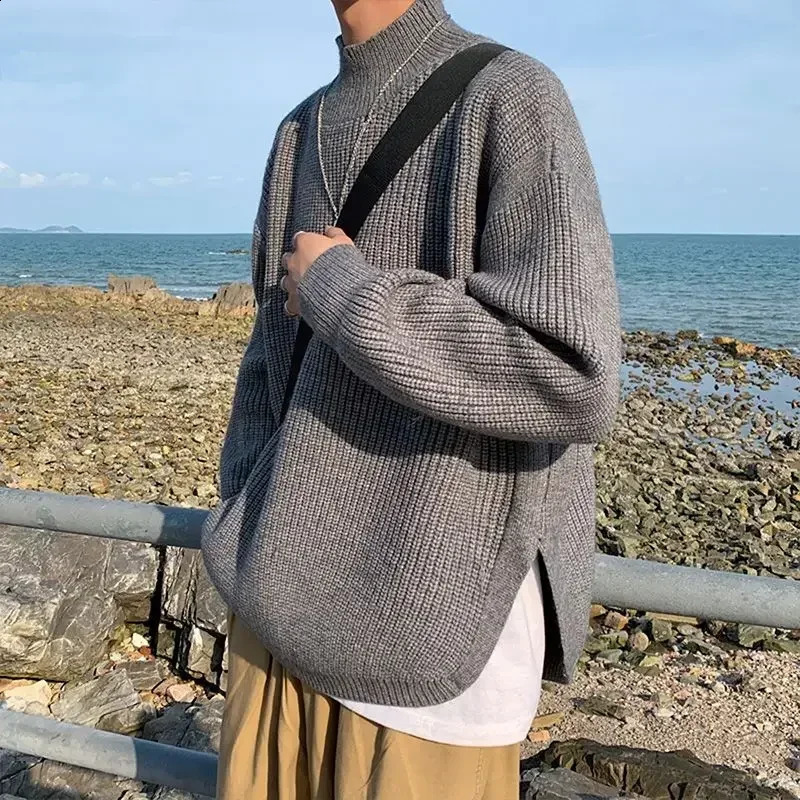 Man Clothes Turtleneck Knitted Sweaters for Men Half Collar Pullovers Black Solid Color Plain Selling Products X A Old 240821