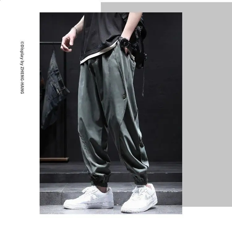 Summer Trend Mens Spliced Button Loose Casual Simplicity Solid Color Korean Version Commute Youth Harem Cargo Ninth Pants 240822