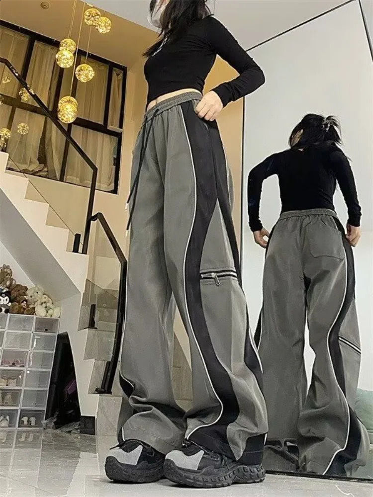 Y2K Line n Pant Women Drawstring Pockets Wide Leg Chic Punk Pants Baggy Striped Sports Sweatpants Parachute Jogger Trousers 240821