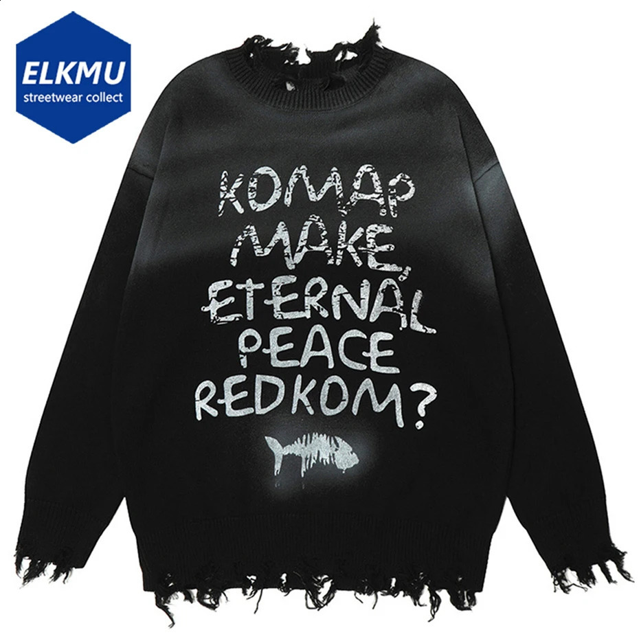 Hi Street Men Sweaters Broken Letter Printed Black Pullover Sweater Knitted Jumper Harajuku Streetwear Hip Hop Oversized Sweater 240821