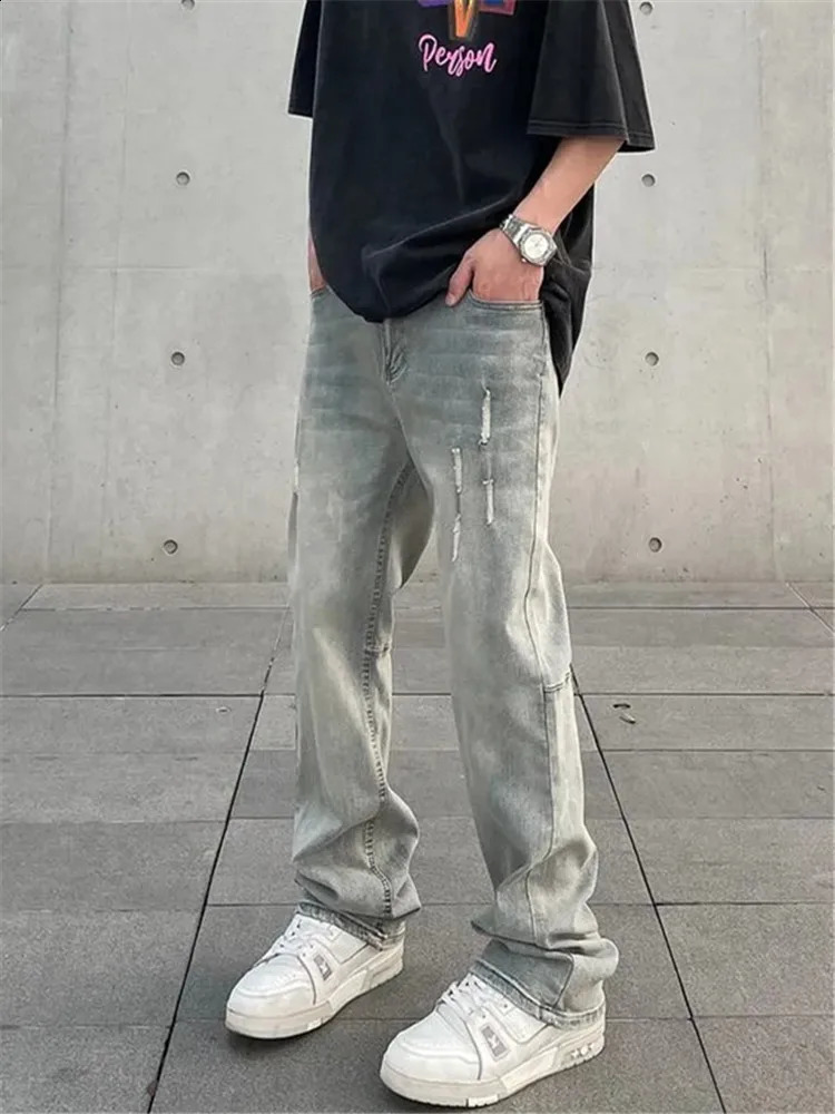 Jeans Mens High Street Ripped Straight Trousers Button Pocket Washed Solid Color Loose Trousers A168 240821