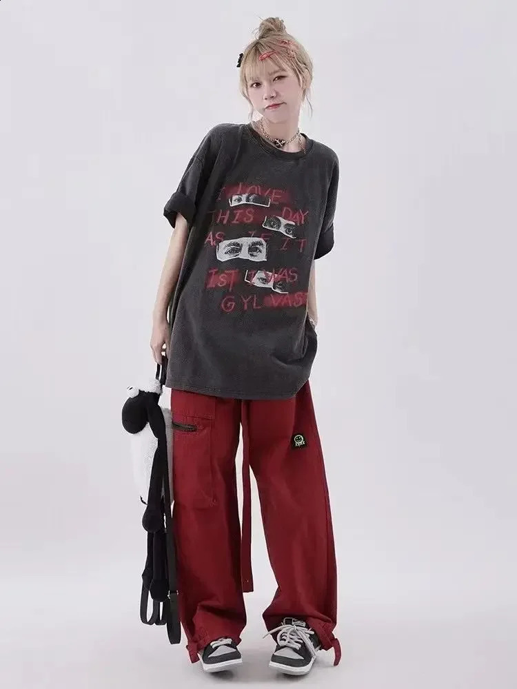 American High Street Red cargo pants Student Trend Loose sweatpants women Slim High Waist Wide Leg Pants y2k women pants 240821