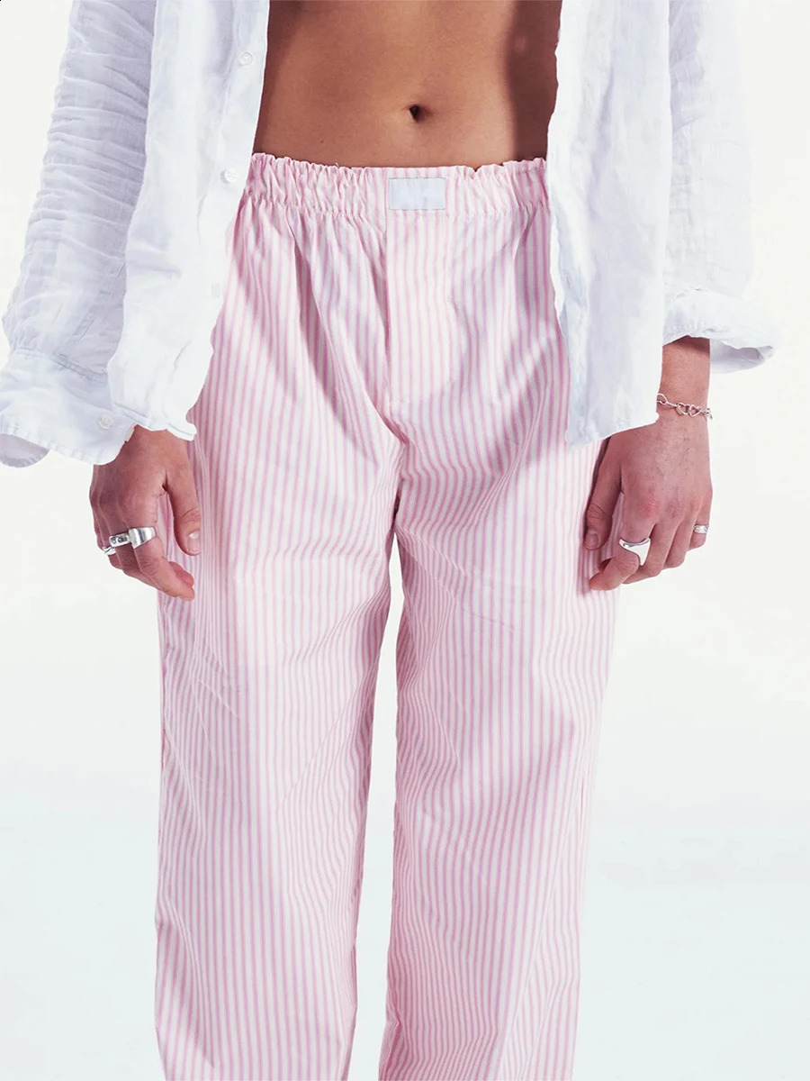 Women Wide Leg Pants Casual Loose Vertical Stripe Print Elastic Lounge Trousers with Pockets for Work Streetwear Daily Life Y2K 240821