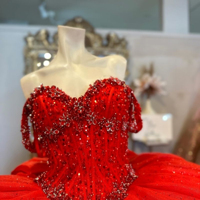 Red Shiny Sweetheart Quinceanera Dresses Off The Shoulder Beads Crystal Bow Tull Lace Up Vestidos 15 De XV Anos Sweet 16 Dress