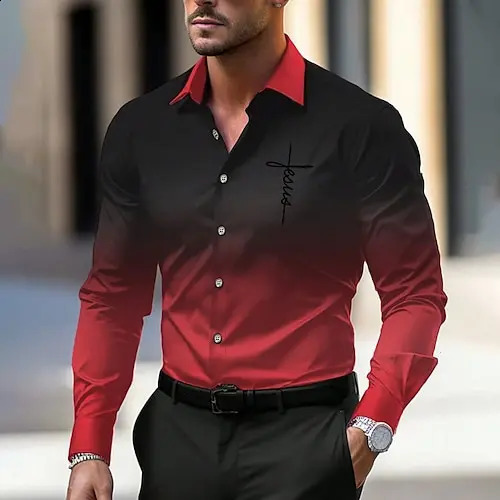 Gradient Printed Mens Long Sleeved Shirt Business Casual Shirt Work Commuting Formal Occasion Shirt MB12 240822