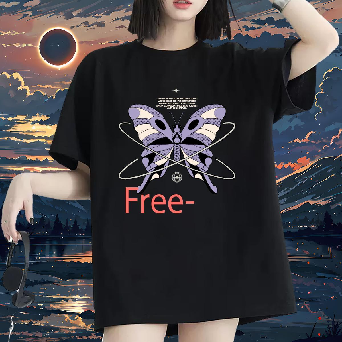 Loose fit Couples T Shirts 230g Pure Cotton butterfly Casual Beach T-Shirts for Women Comfortable DIY Anime Printed Tops Shirt