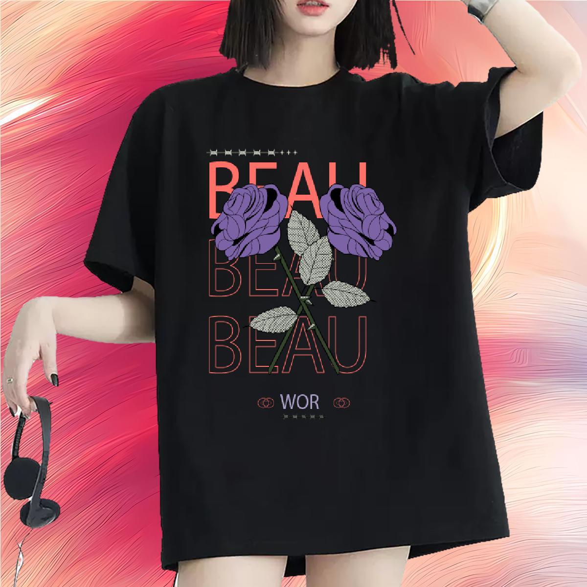 Loose fit Womens Tshirts 230g Cotton flower Daily Wear T Shirt For Woman Breathable Soft Anime Oversized Tops Tees