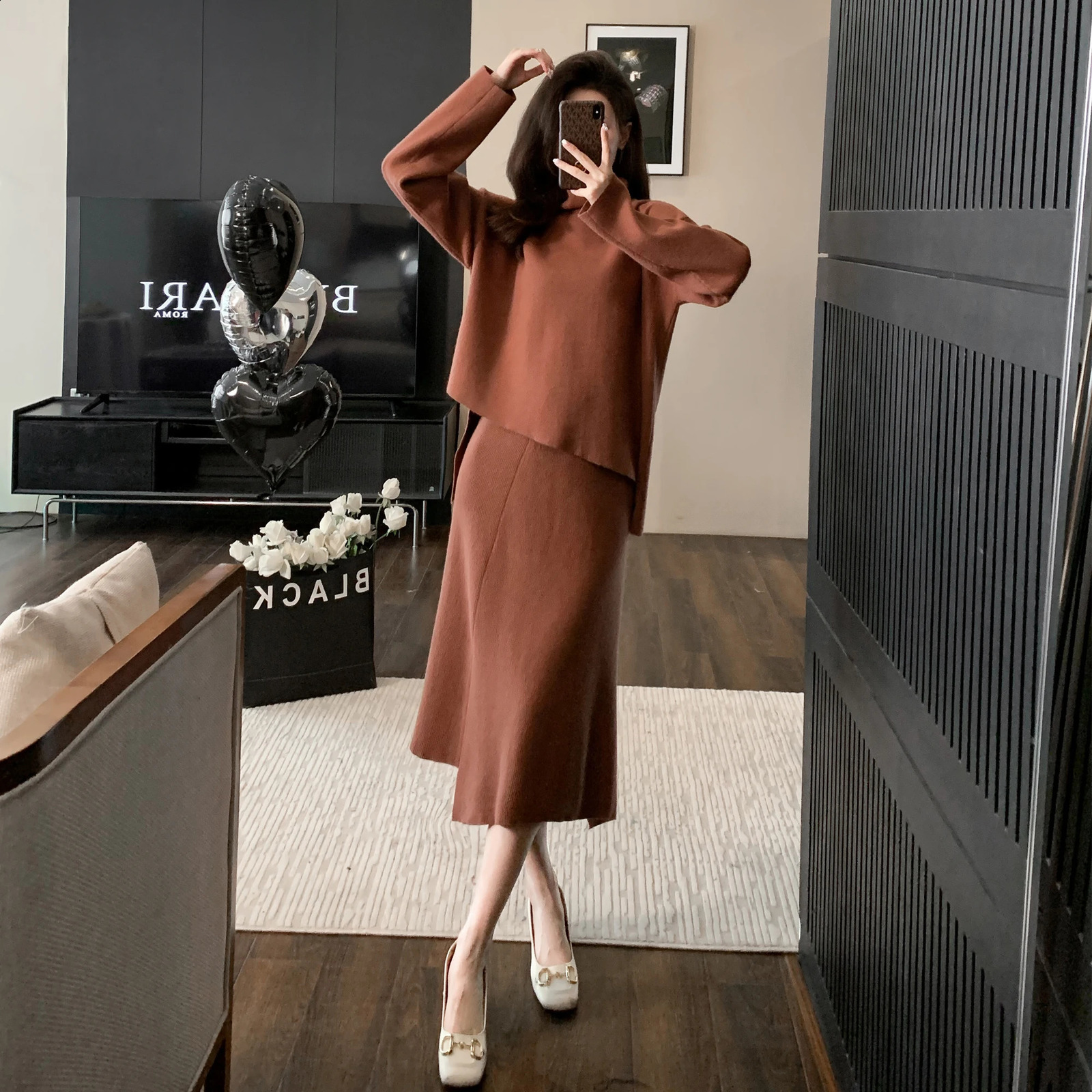 ZJYT Autumn Knitted Dress Set 2piece Womens Fashion Long Sleeve Navy Blue Neck Sweater and Belt Tight Clothes 240821