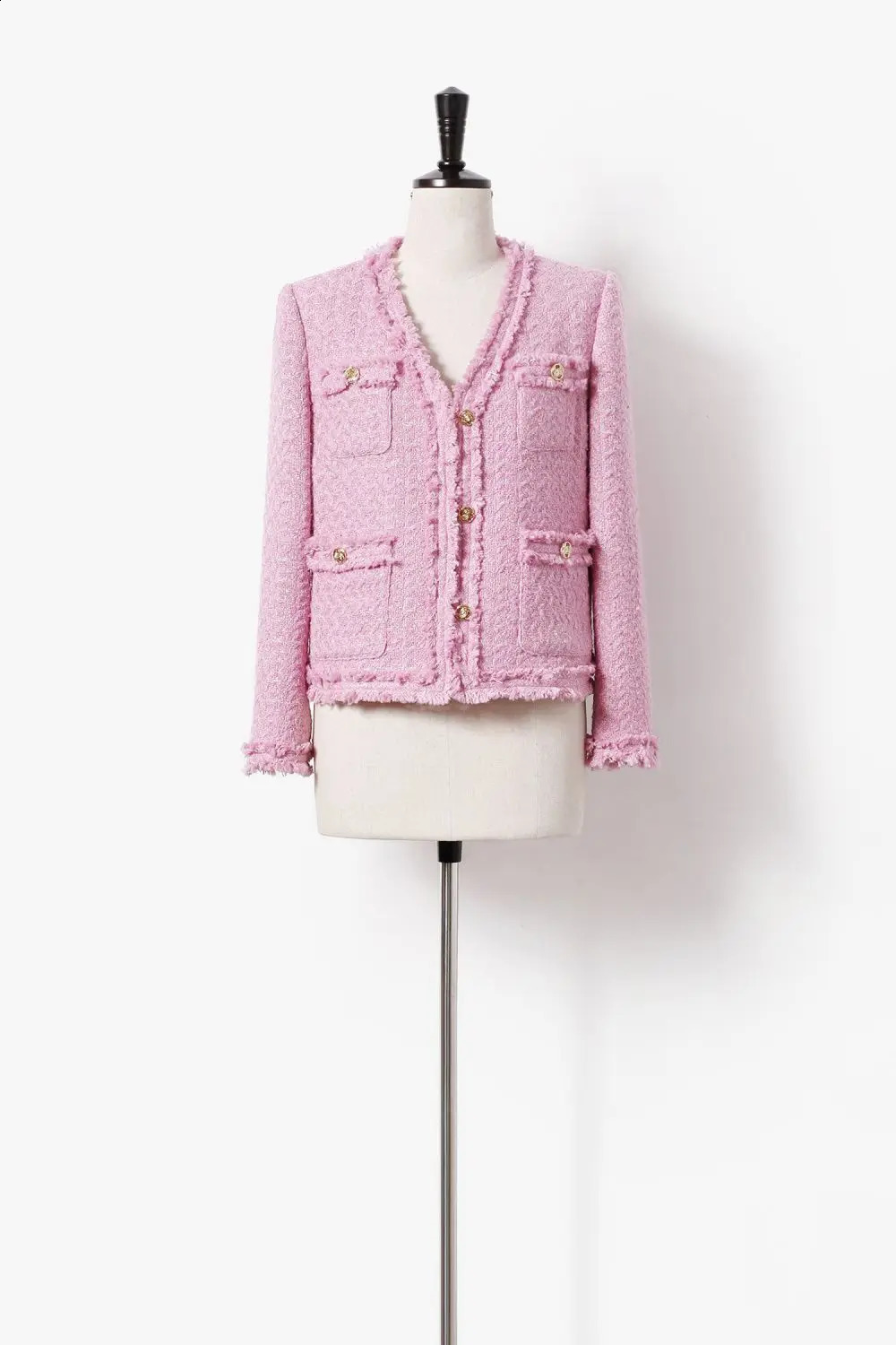 Fashion Korean Tweed Pink Jacket For Women Autumn Winter Vintage Long SleeveHigh Quality Coat Female Cloth Outwear Tops 240821