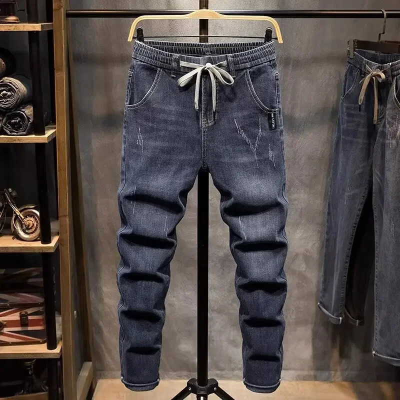 2024 Mens Elastic Waist Jeans Straight Legs Spring and Autumn Summer Stretching Slim Smooth Silhouette Pants 240822