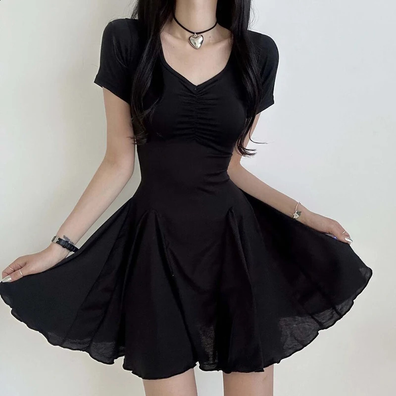 Darlingaga V Neck Folds Basic Short Casual Dress for Women Korean Fashion A-Line Sundress Draped Summer Dresses Clothing 240822