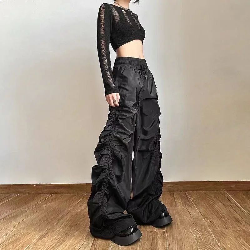 Y2K n Folds Wide Leg Trousers Women Gothic High Waist Drawstring Full Pants Fashion Baggy Casual Black Streetwear Clothes 240821
