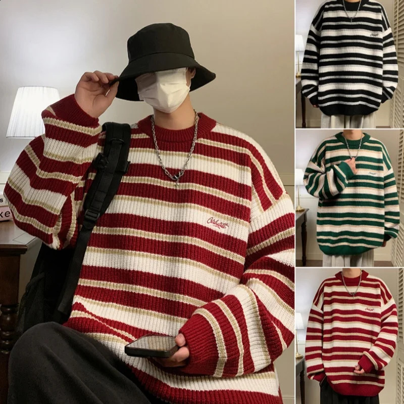 Lazy Retro Striped Sweater Men Women Autumn Winter Thick Knit Casual Embroidered Knit Pullover Sweater Jacket Couple 240821