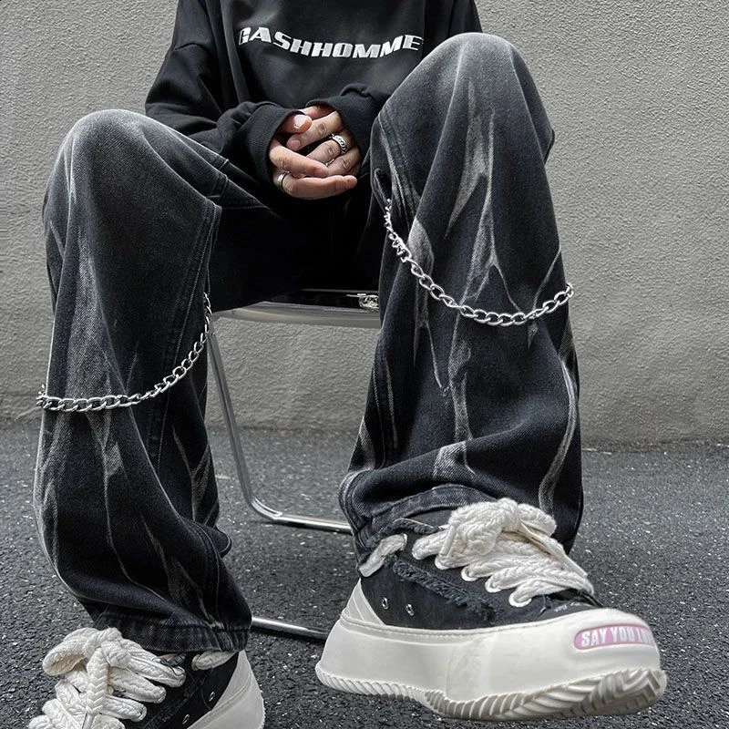 Jeans for Men Punk Straight Hip Hop Black Male Cowboy Pants with Pockets Trousers Denim Loose Cotton Fashion Plus Size Xs 240821