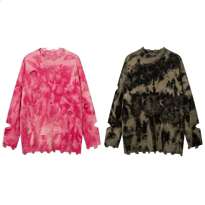 Autumn Fashion Tie-dye Vintage Ripped Hole Punk Sweater Men Women Harajuku Street Hip Hop Pink Knitwears Pull Homme 240821