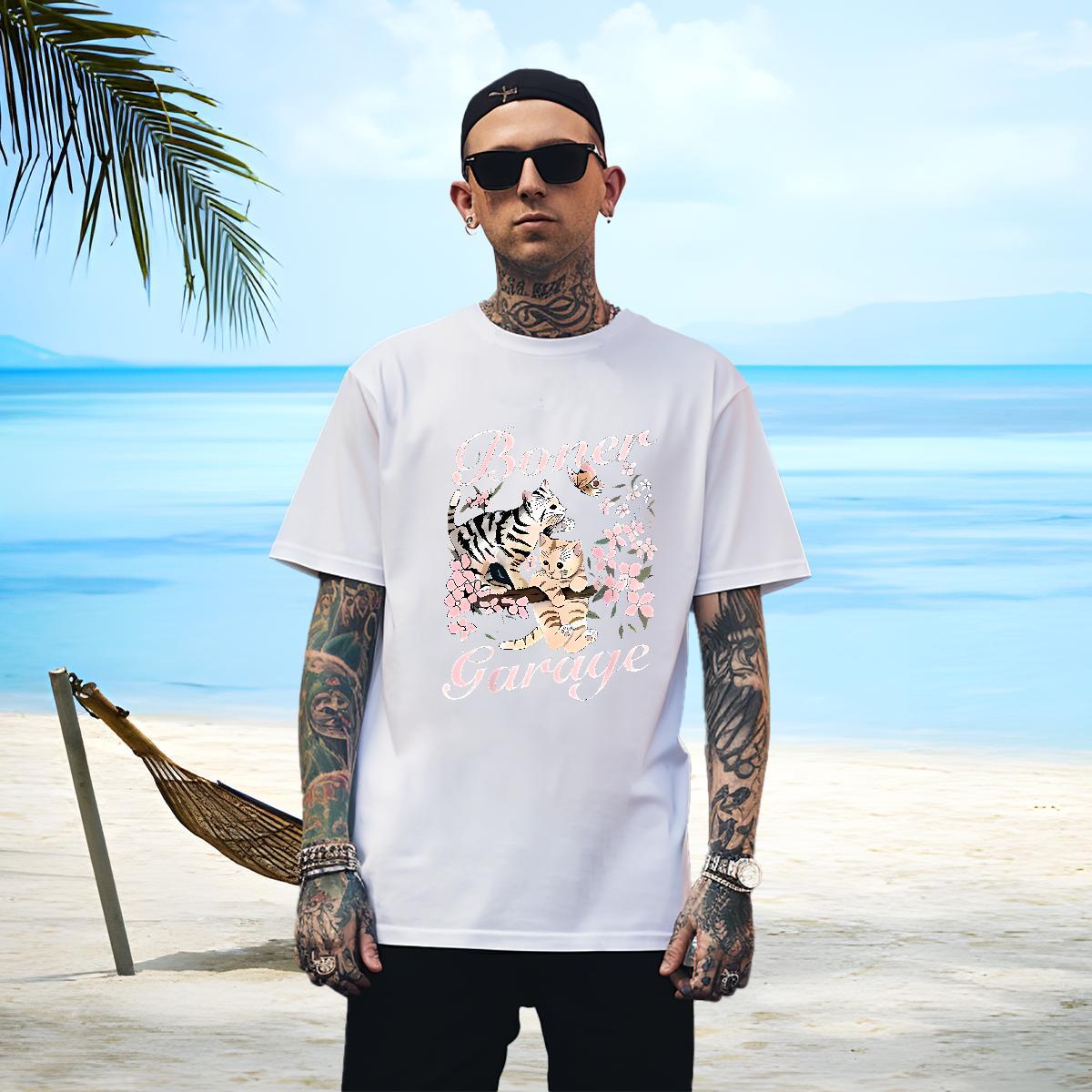 Soft T Shirts Men cat Short Sleeve O-Neck Daily Outfit White Plus Size 230g Cotton Men Clothes T-Shirt New Arrival Top Tees