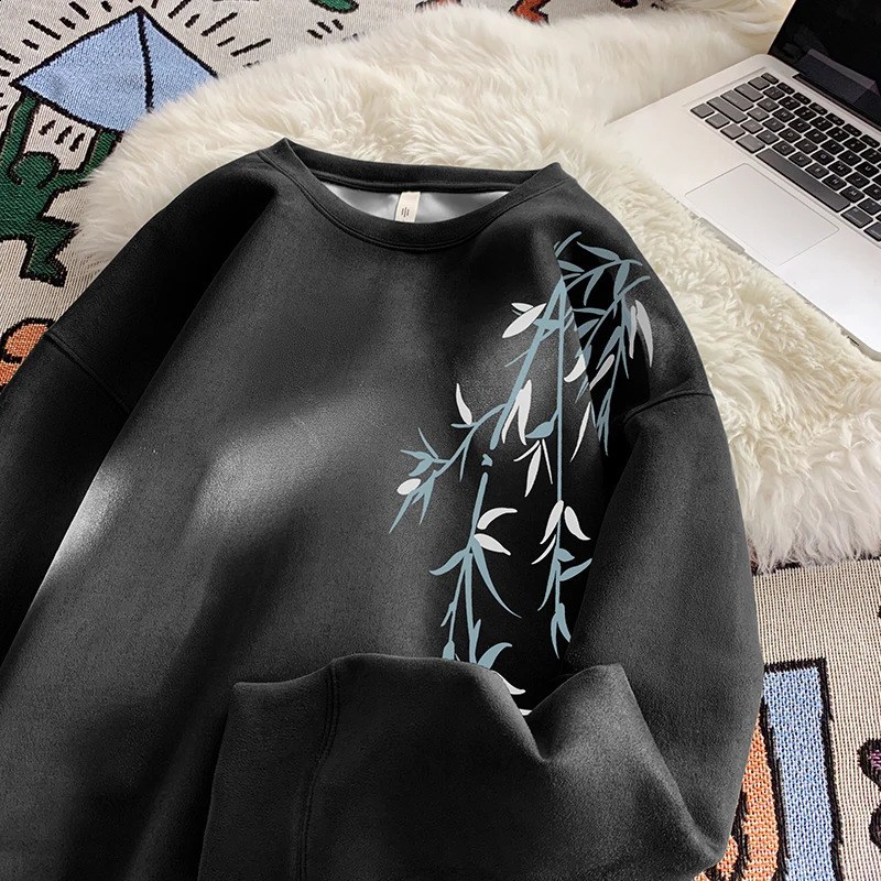 Harajuku Bamboo Leaf Pattern Sweatshirt Fall Heavyweight Suede Sweatshirt Casual Plus Size Round Neck Pullover Hoodie 240821
