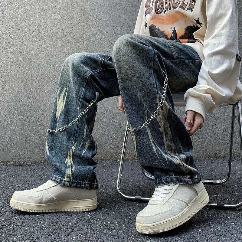Jeans for Men Punk Straight Hip Hop Black Male Cowboy Pants with Pockets Trousers Denim Loose Cotton Fashion Plus Size Xs 240821