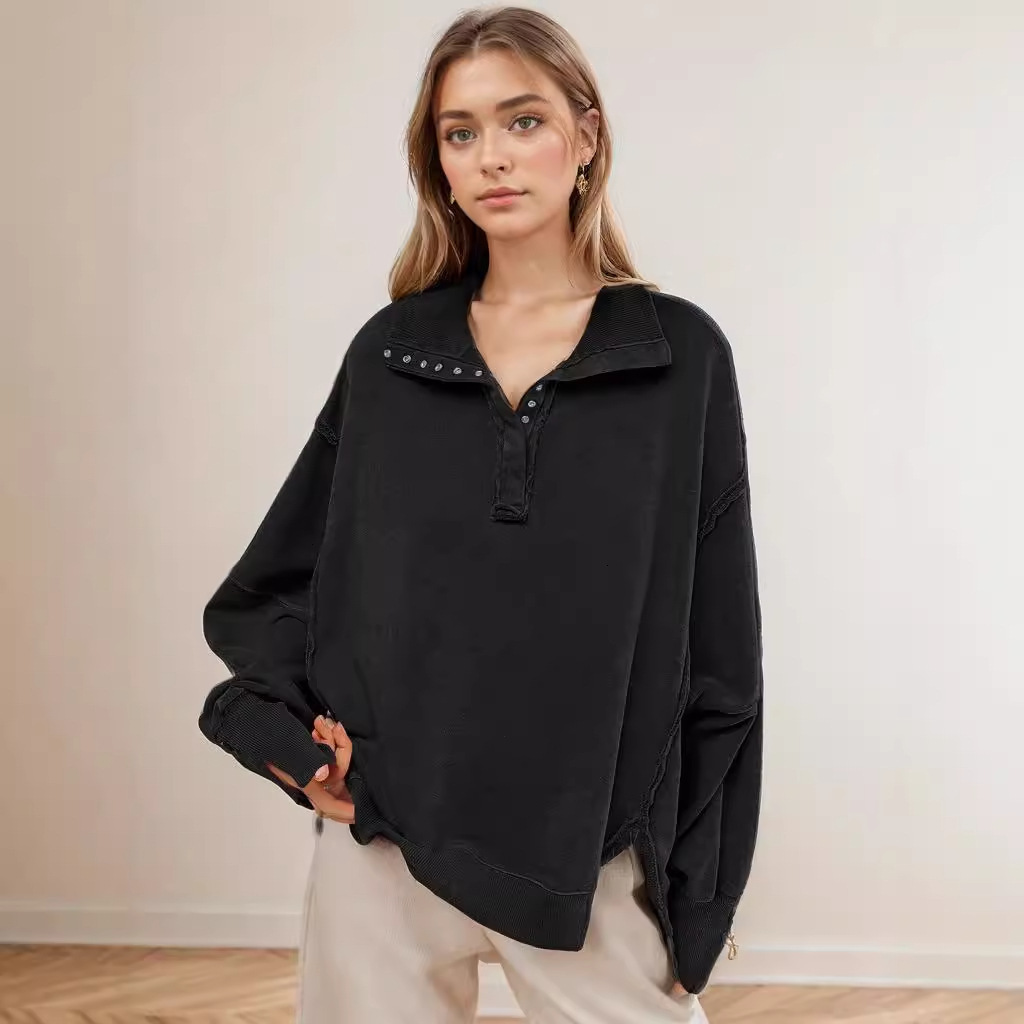 Decorative Line Design Sense Top Split Lantern Sleeve Polo Neck Sweater Coat Women's Spring and Autumn dongdumaoyi