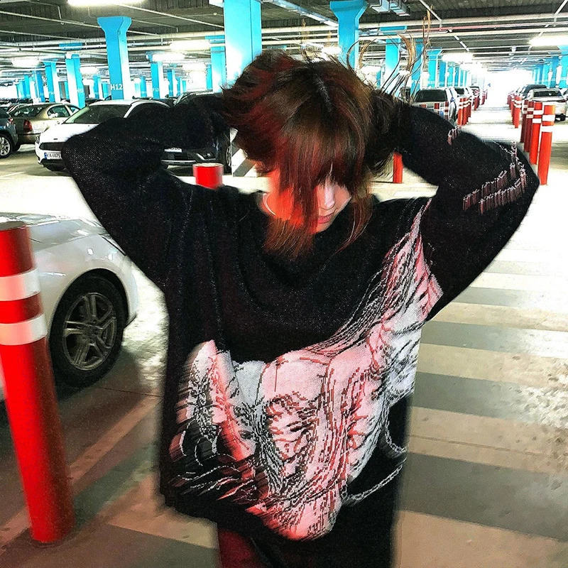 Men Women Sweater Streetwear Knitted Tops Harajuku Oversized Cotton sweater Hip Hop portrait Print Pullover Unisex Gothic Winter 240821