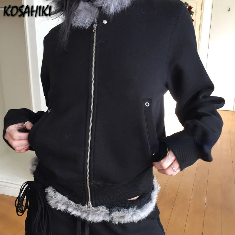 Fairy Fur Patchwork Fashion Sweatshirt Retro Grunge Full Match Womens Coat Double Zipper Casual Hoodie Y2k Aesthetic 240821