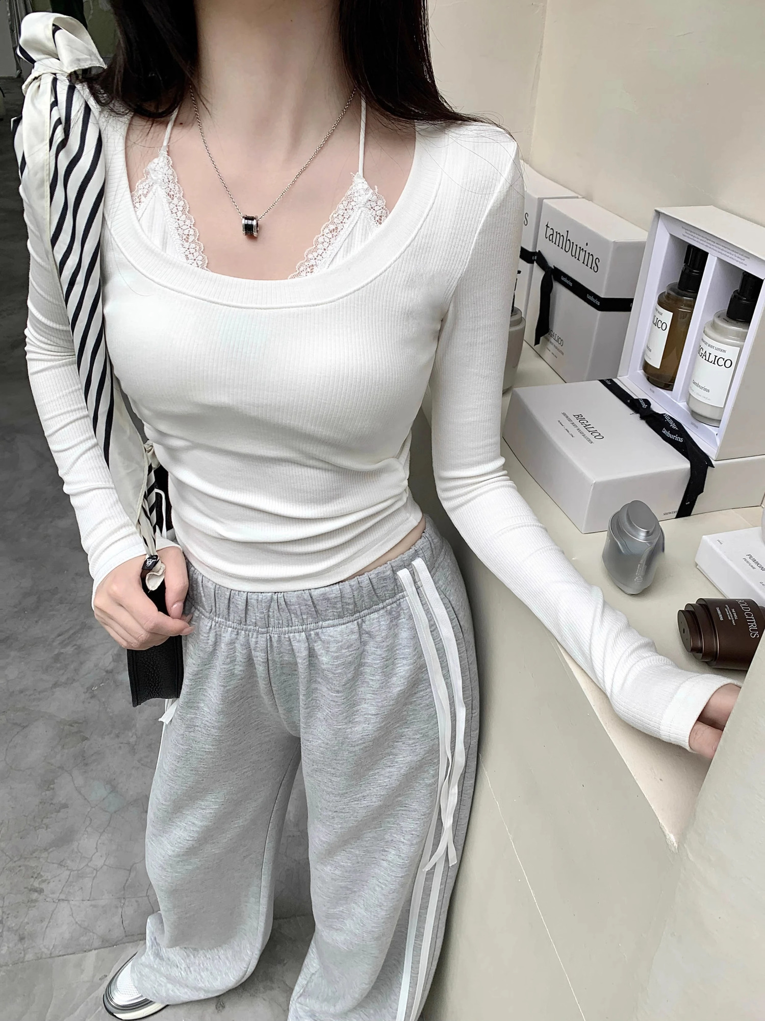 QWEEK Y2k Striped Sweatpants Women American Retro Gray Sports Pants Sweet Bow Bandage Low Waist Casual Straight Leg Trousers 240821