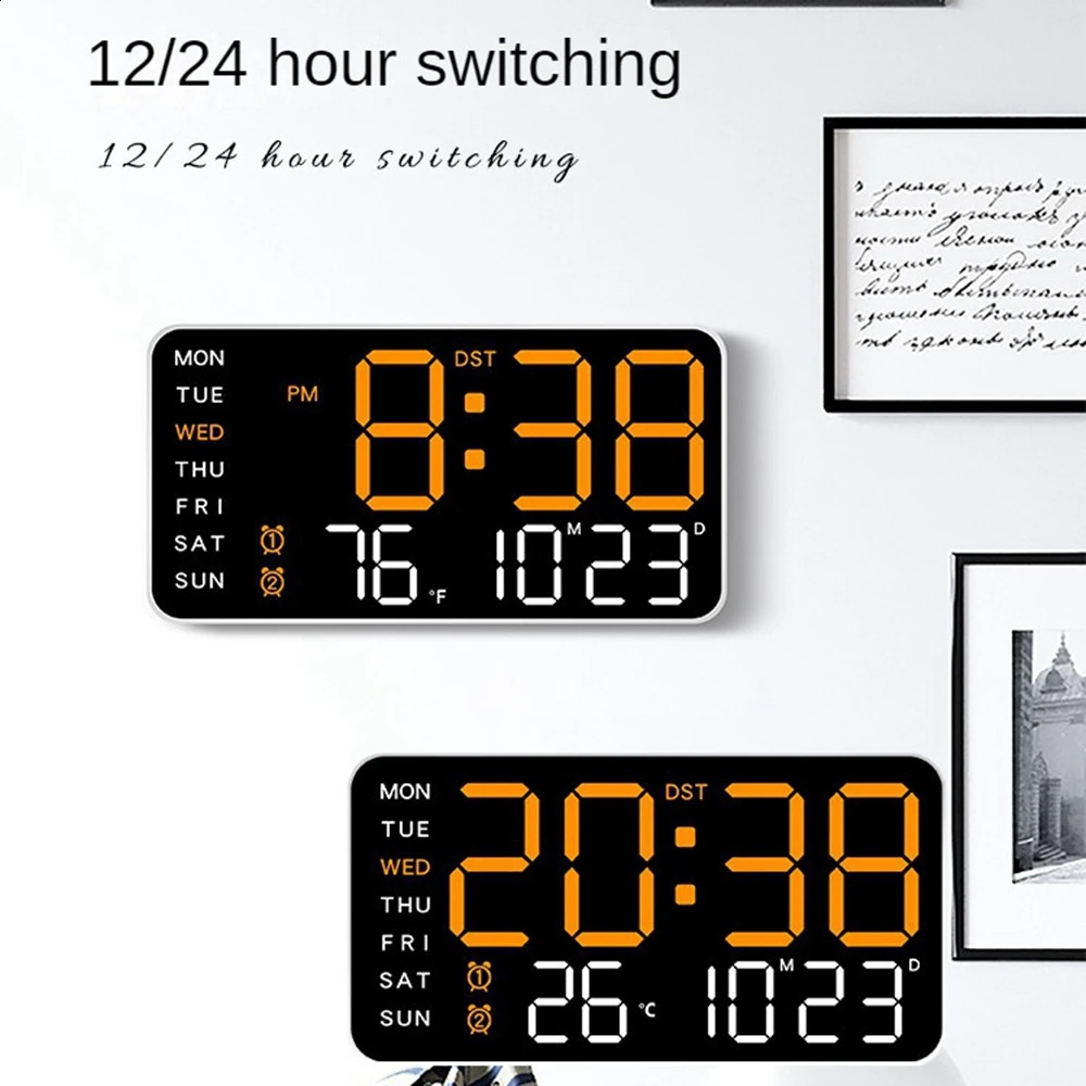 Large Digital Wall Clock Week Date Temperature Display Voice Control Table LED Alarm Clocks Brightness Adjustable 1224H Clock 240822